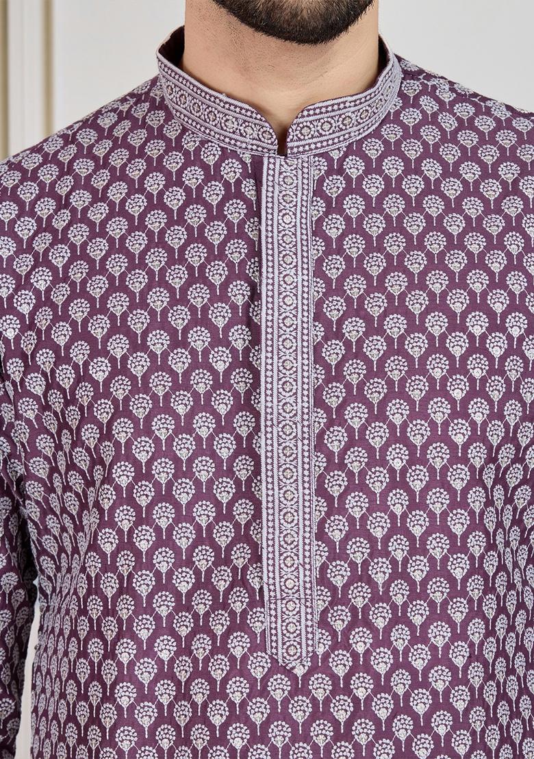 Purple Sequin Embroidered Cotton Kurta For Men