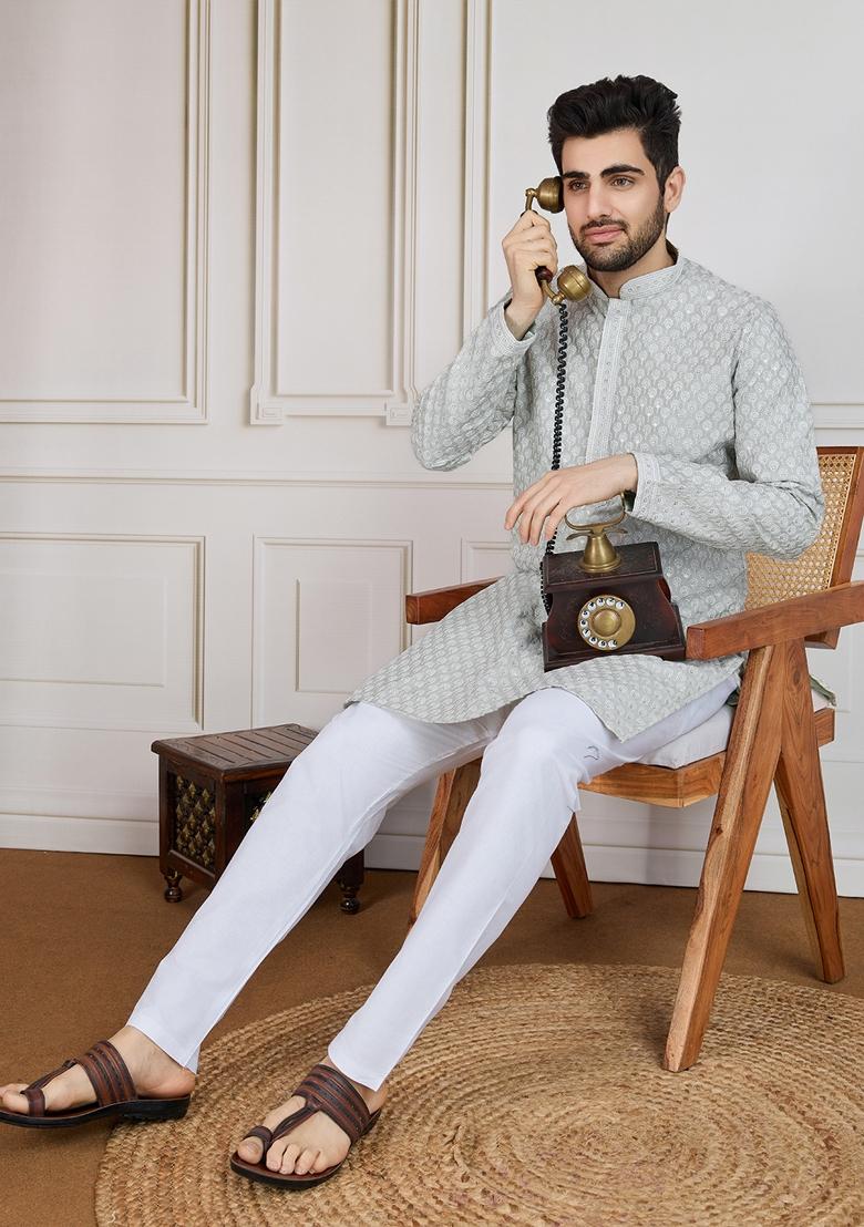 Pista Green Sequin Embroidered Cotton Kurta For Men