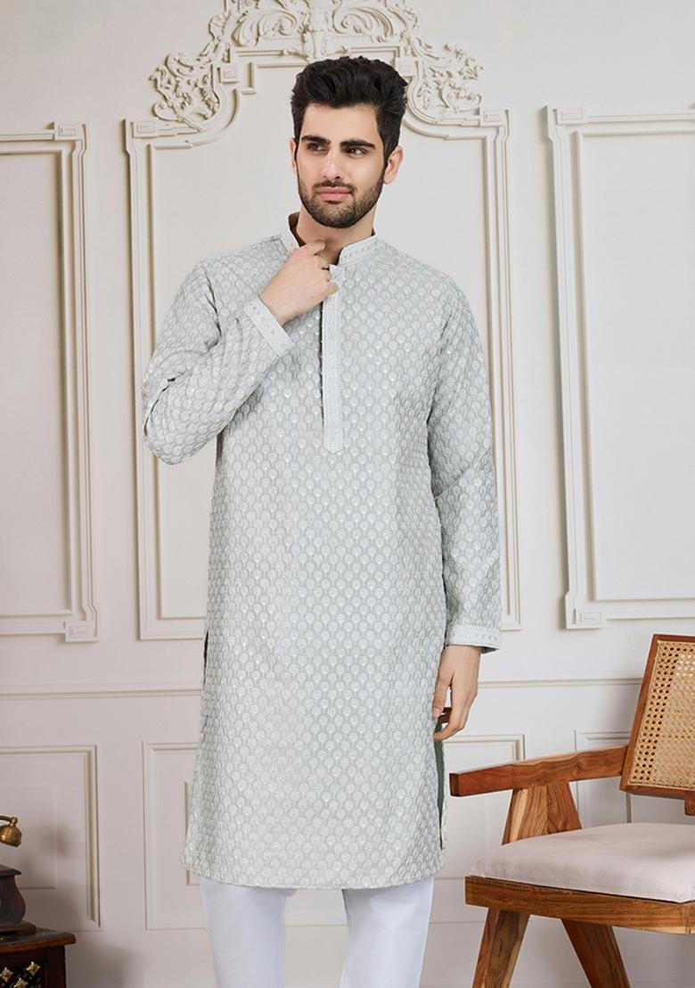 Pista Green Sequin Embroidered Cotton Kurta For Men