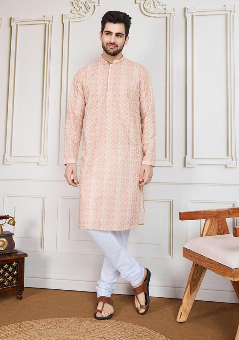 Orange Sequin Embroidered Cotton Kurta For Men