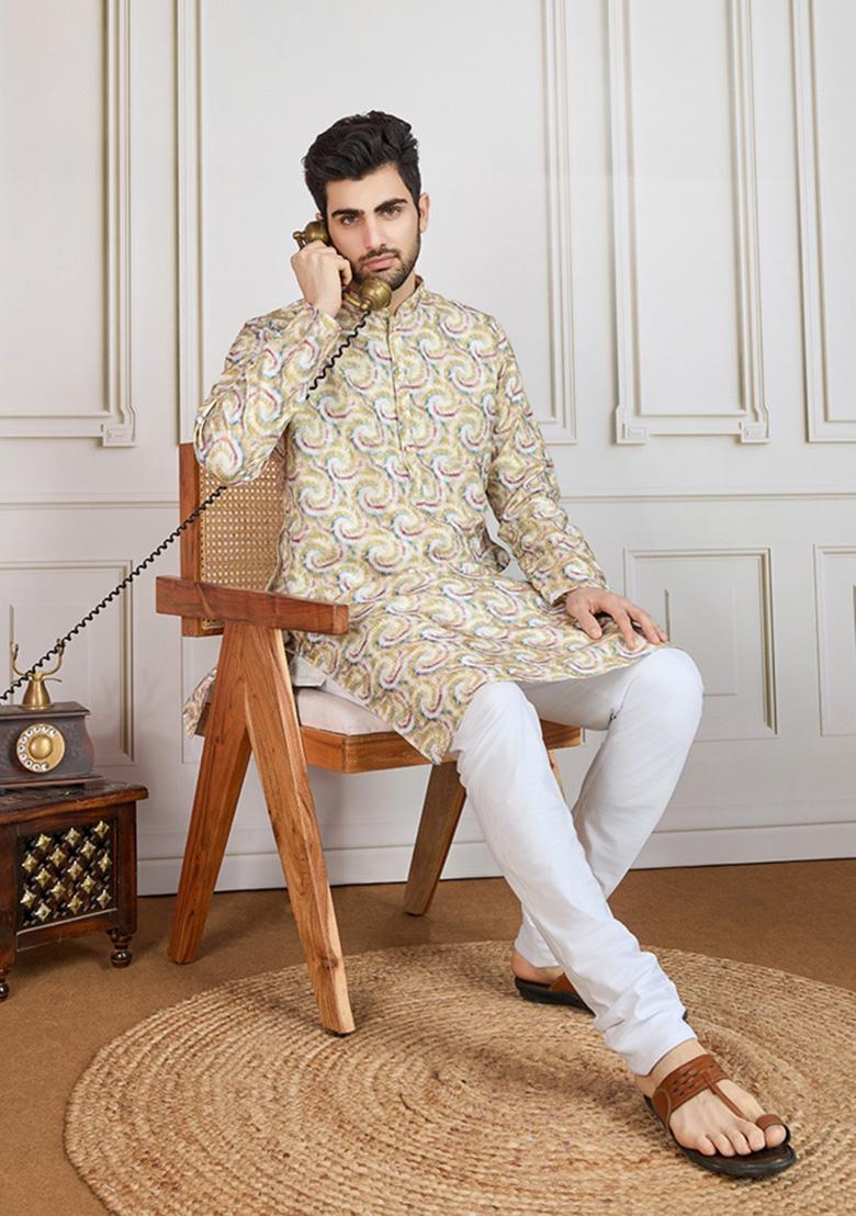 Mustard Yellow Zari Work Cotton Kurta For Men
