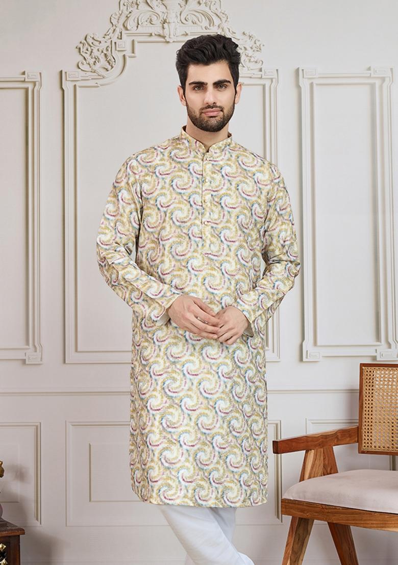 Mustard Yellow Zari Work Cotton Kurta For Men