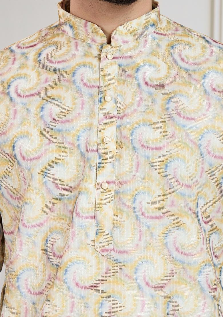 Mustard Yellow Zari Work Cotton Kurta For Men