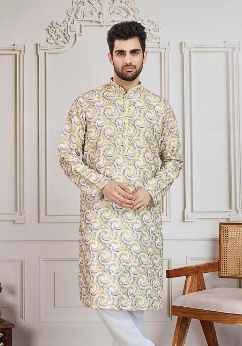 Mustard Yellow Zari Work Cotton Kurta For Men