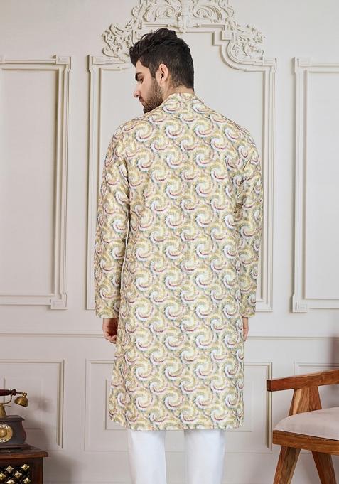 Mustard Yellow Zari Work Cotton Kurta For Men