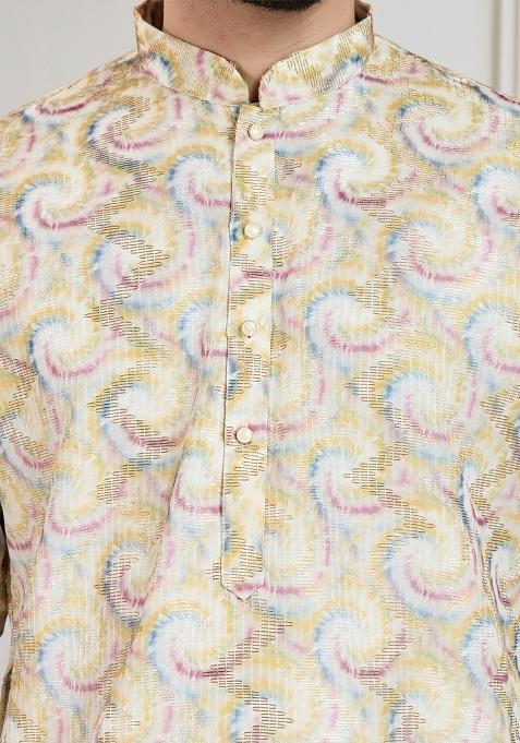 Mustard Yellow Zari Work Cotton Kurta For Men