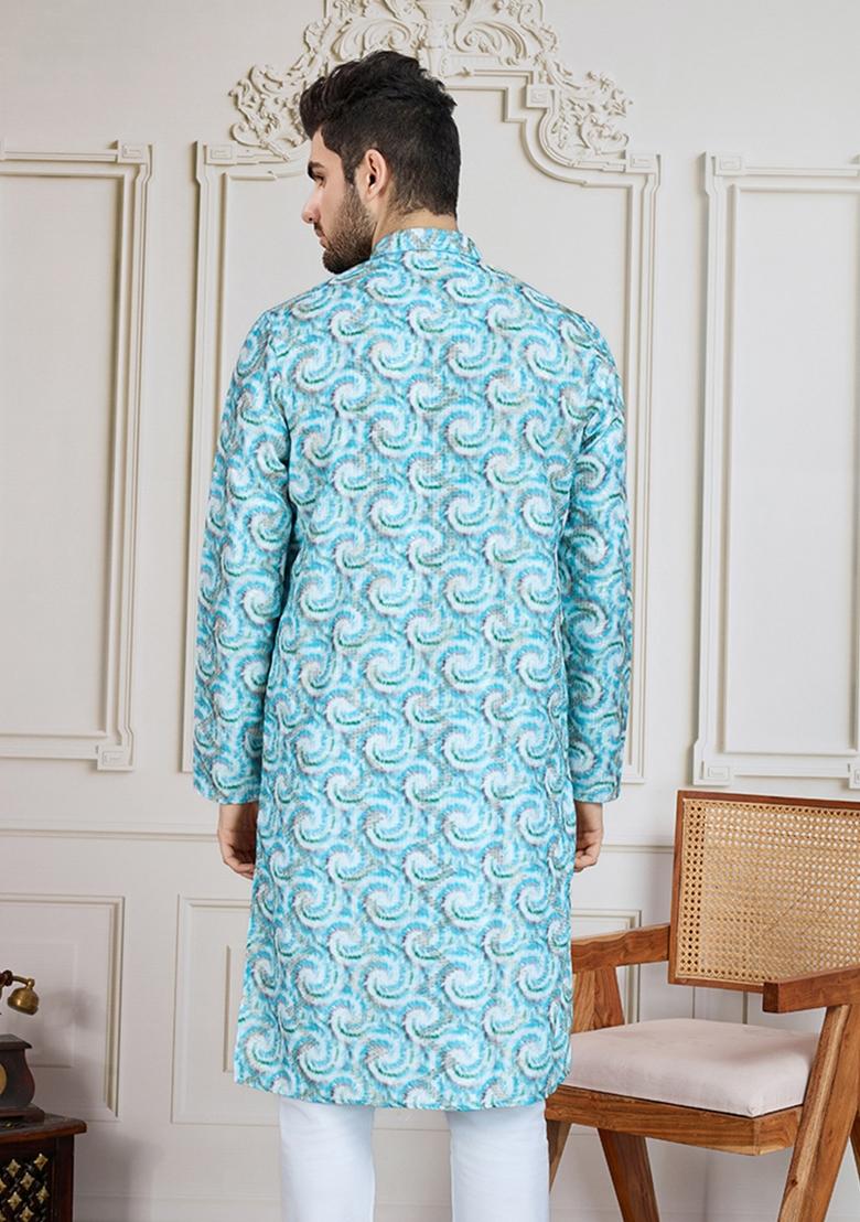 Sky Blue Zari Work Cotton Kurta For Men