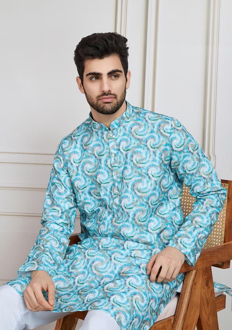 Sky Blue Zari Work Cotton Kurta For Men