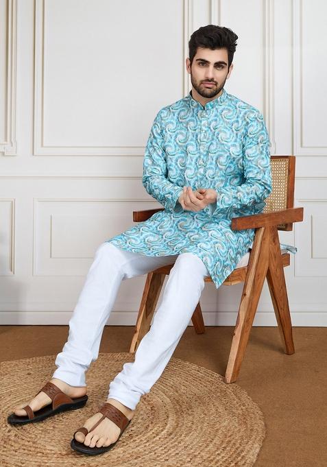 Sky Blue Zari Work Cotton Kurta For Men
