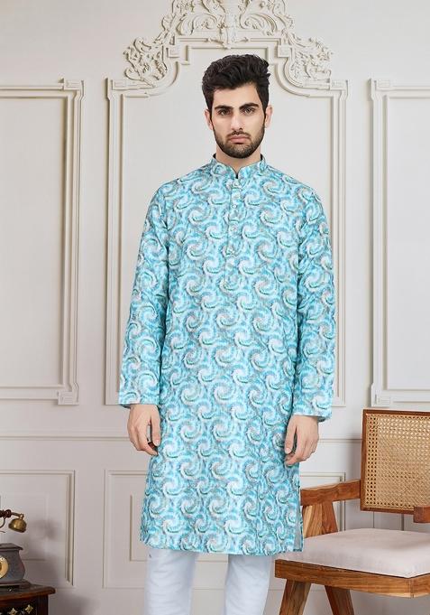 Sky Blue Zari Work Cotton Kurta For Men