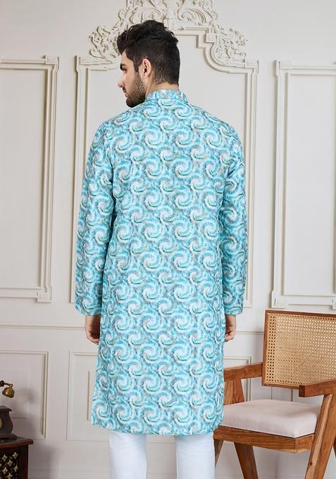 Sky Blue Zari Work Cotton Kurta For Men
