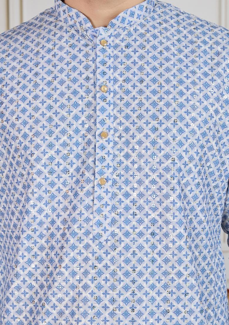 Blue Sequin Embroidered Cotton Kurta For Men