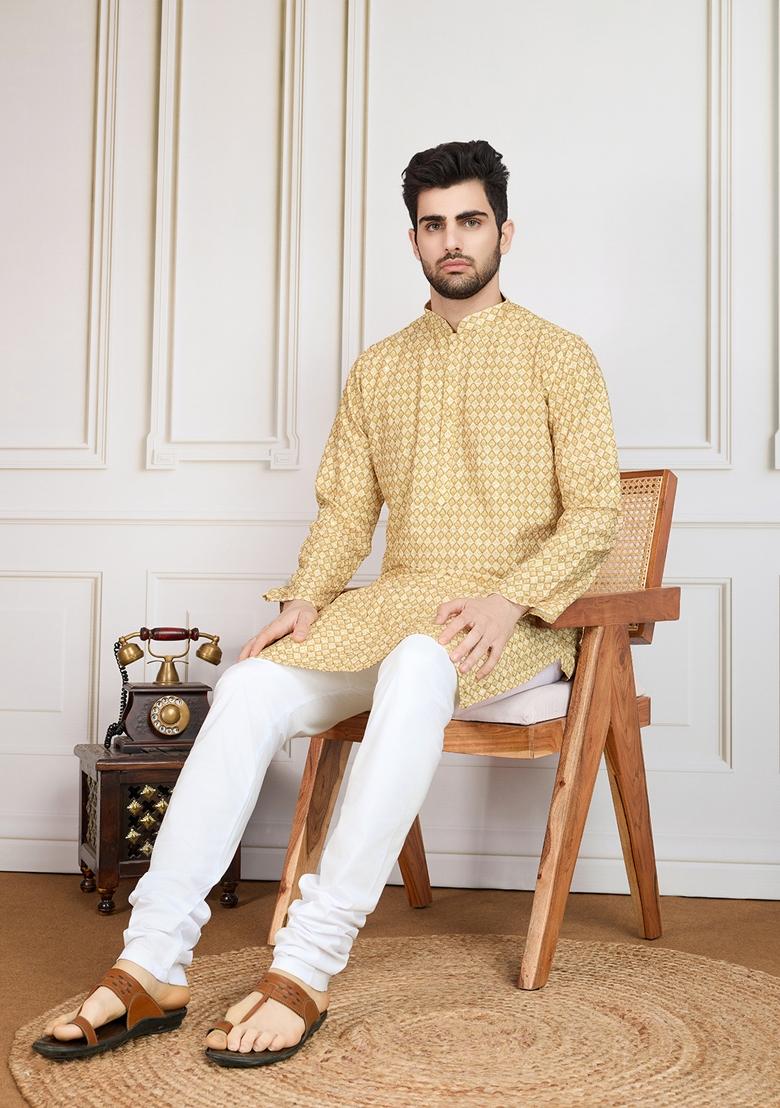 Brown Sequin Embroidered Cotton Kurta For Men