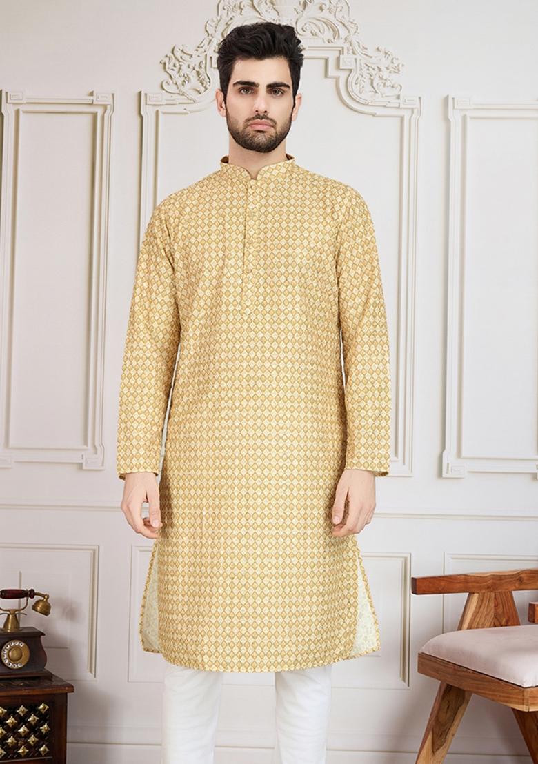 Brown Sequin Embroidered Cotton Kurta For Men