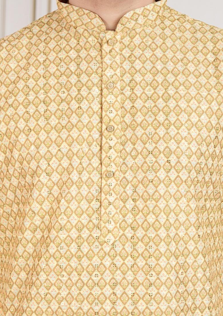 Brown Sequin Embroidered Cotton Kurta For Men