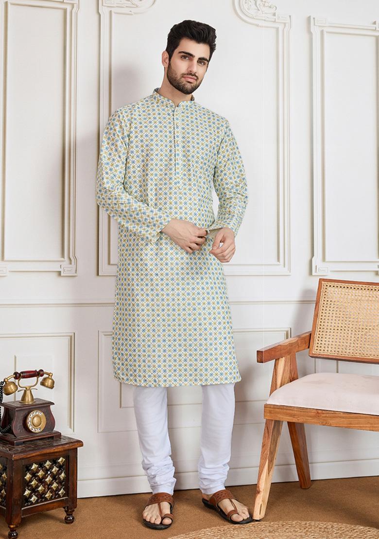Light Yellow Sequin Embroidered Cotton Kurta For Men