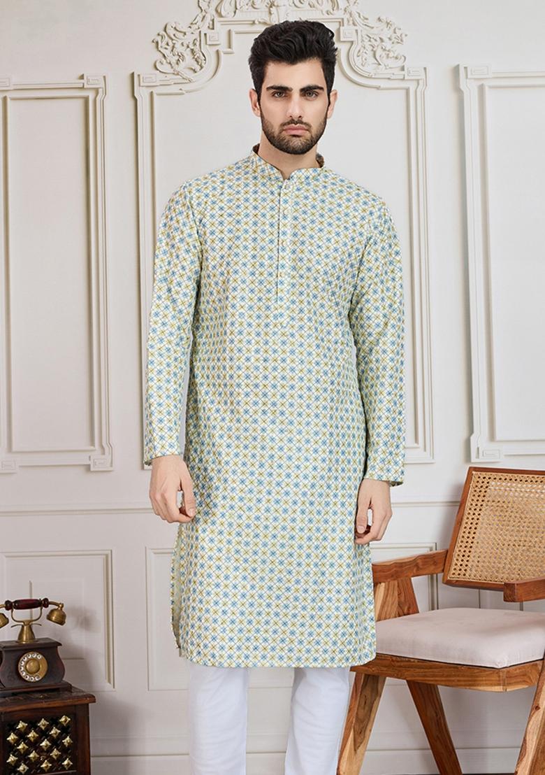 Light Yellow Sequin Embroidered Cotton Kurta For Men