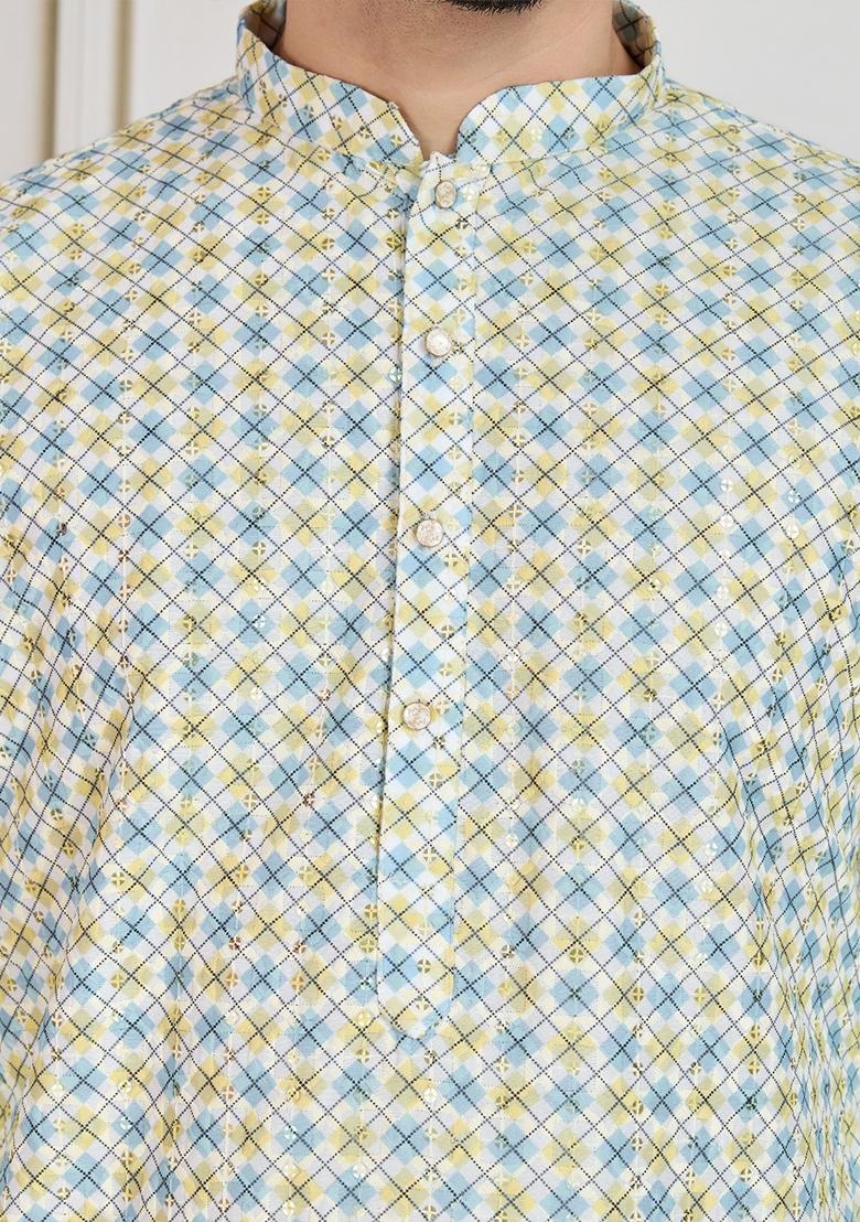 Light Yellow Sequin Embroidered Cotton Kurta For Men