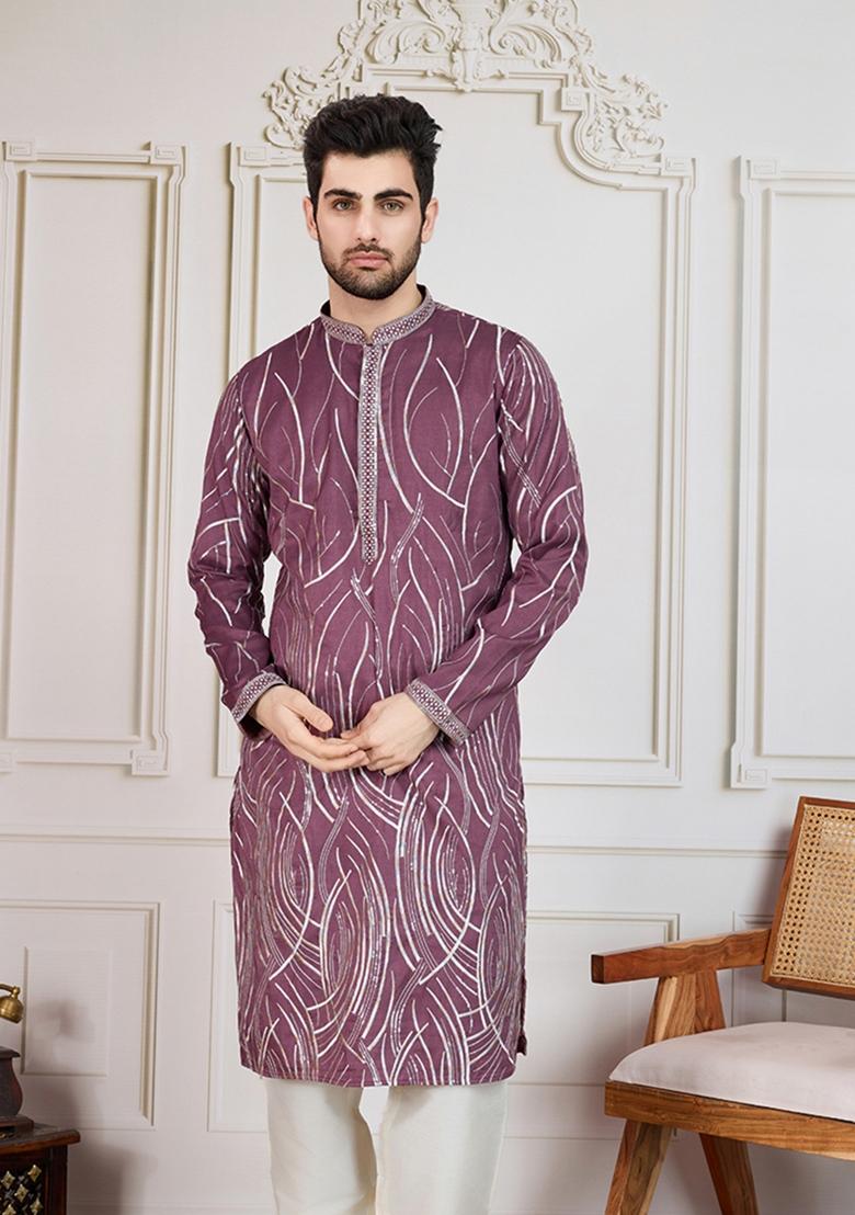 Purple Printed Polyester Kurta For Men