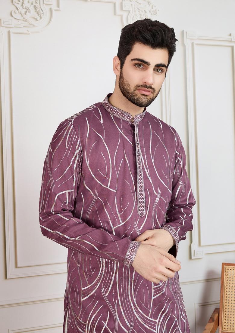 Purple Printed Polyester Kurta For Men