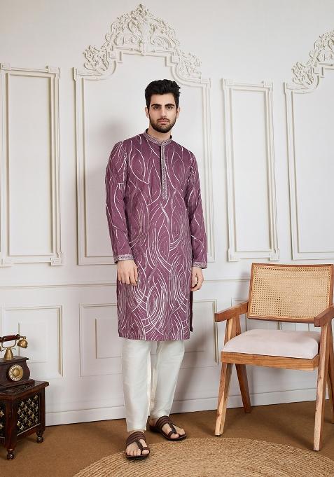Purple Printed Polyester Kurta For Men