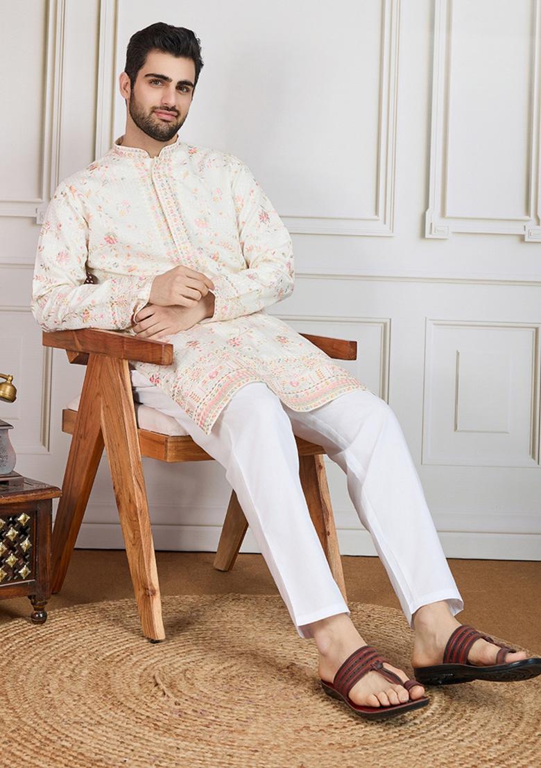 Cream Floral Print Polyester Kurta For Men