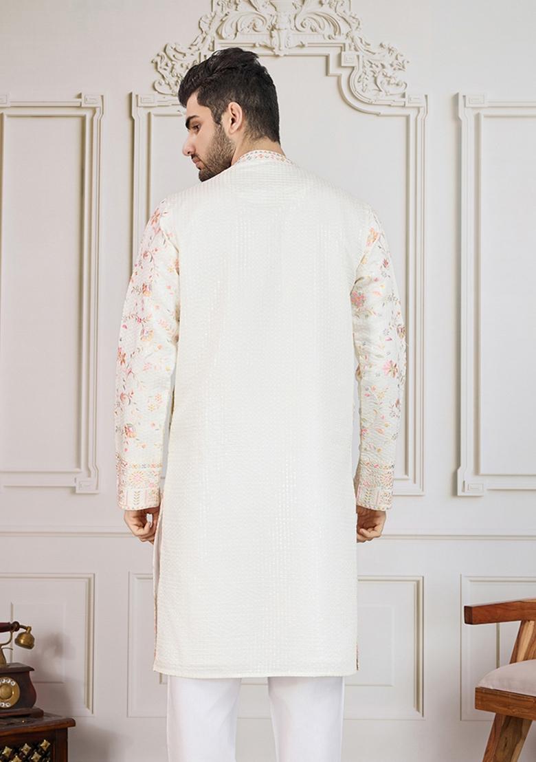 Cream Floral Print Polyester Kurta For Men