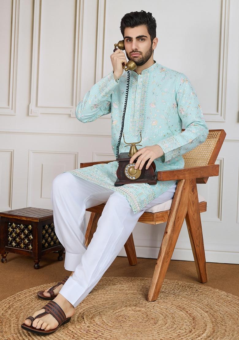 Green Floral Print Polyester Kurta For Men