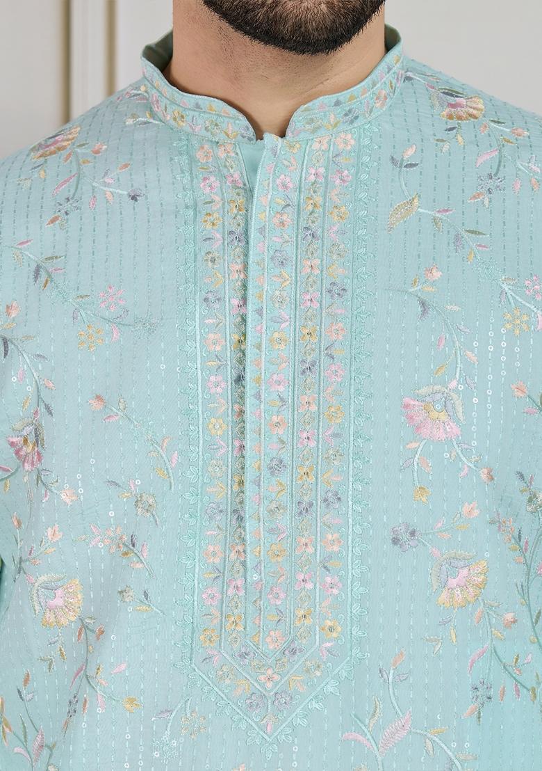 Green Floral Print Polyester Kurta For Men