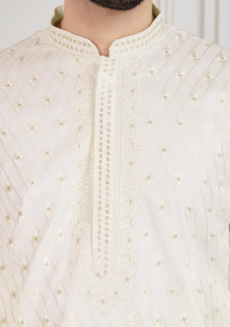 Cream Sequin Embroidered Polyester Kurta For Men