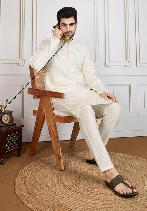 Cream Sequin Embroidered Polyester Kurta For Men