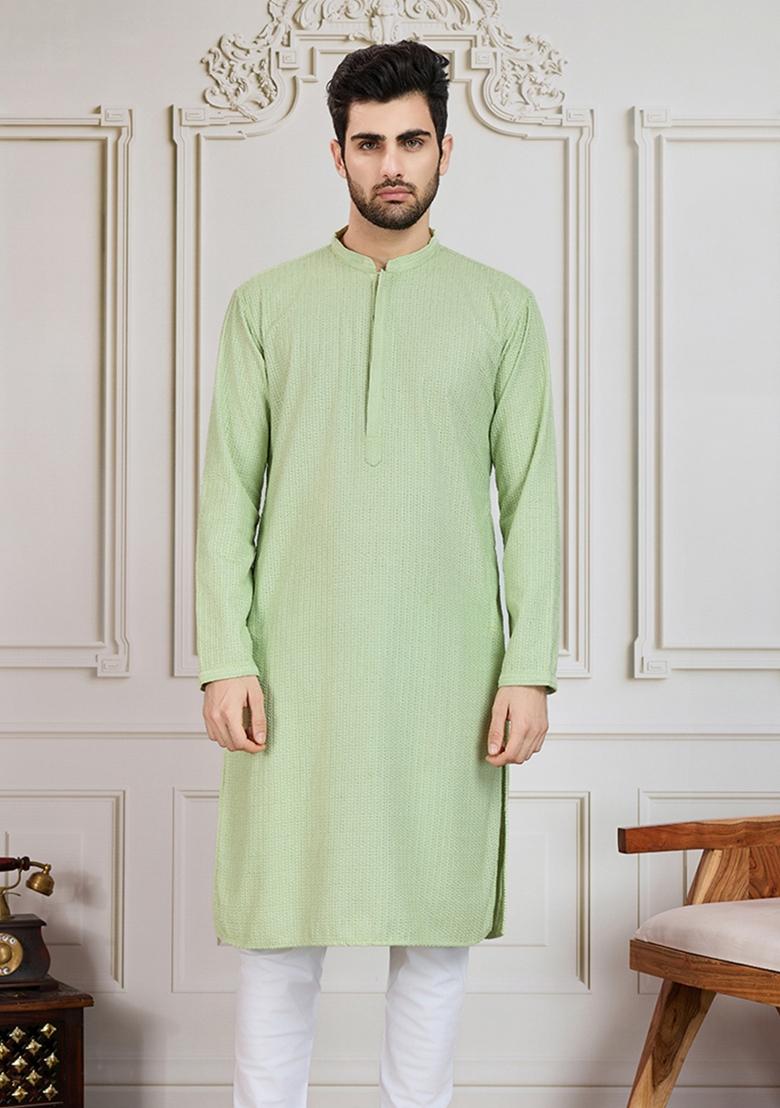 Light Green Chikankari Cotton Kurta For Men