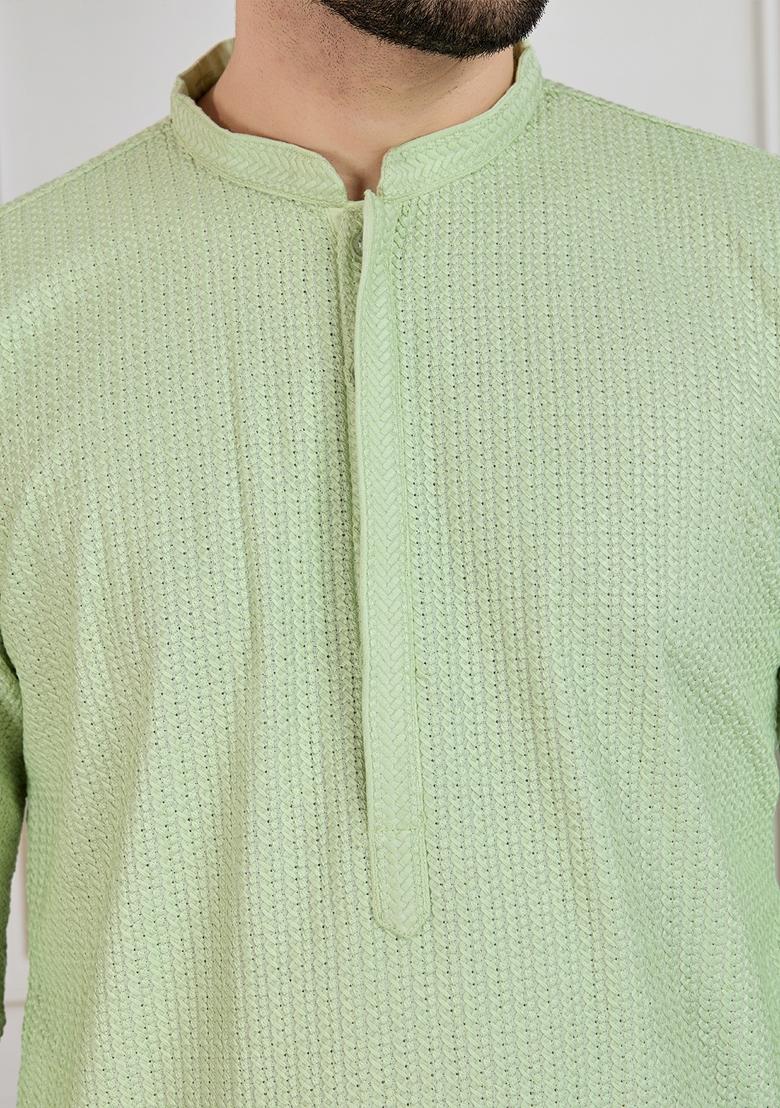 Light Green Chikankari Cotton Kurta For Men