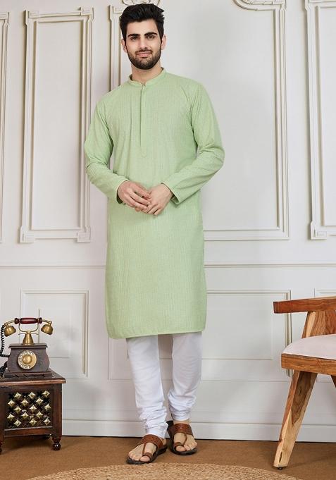 Light Green Chikankari Cotton Kurta For Men