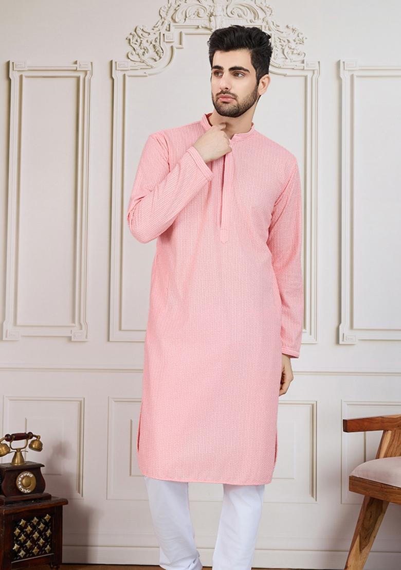 Pink Chikankari Cotton Kurta For Men