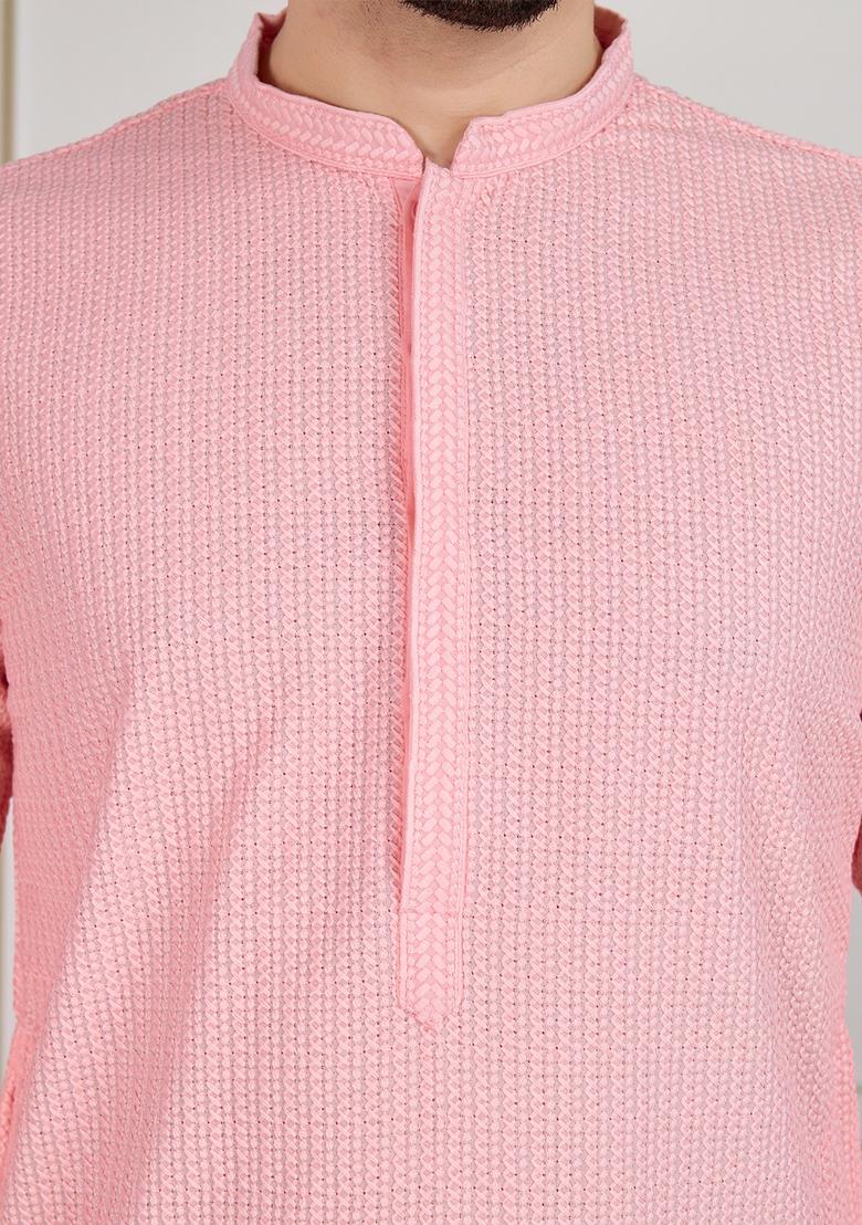 Pink Chikankari Cotton Kurta For Men