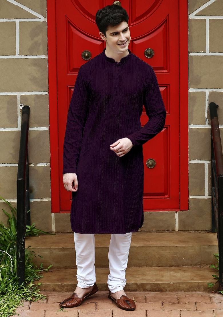 Purple Chikankari Cotton Kurta For Men