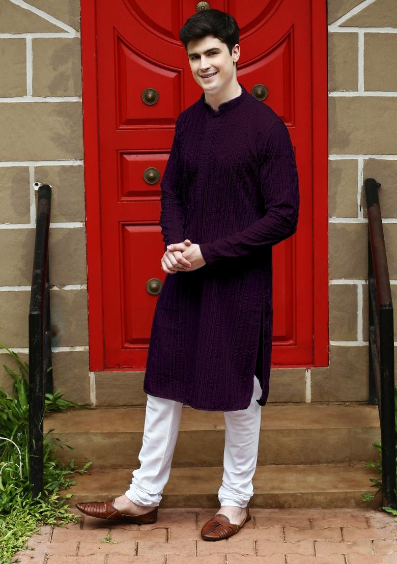 Purple Chikankari Cotton Kurta For Men