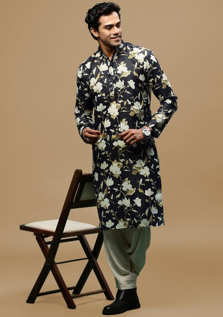 Black Printed Linen Cotton Kurta For Men