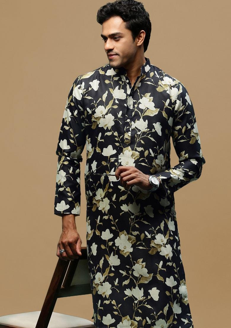 Black Printed Linen Cotton Kurta For Men