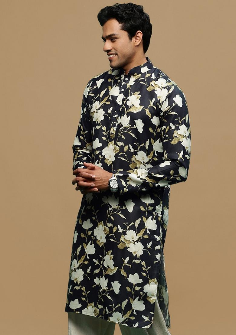 Black Printed Linen Cotton Kurta For Men