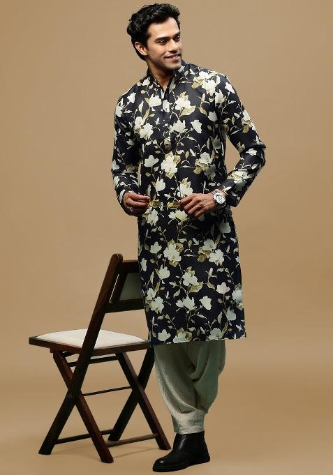Black Printed Linen Cotton Kurta For Men
