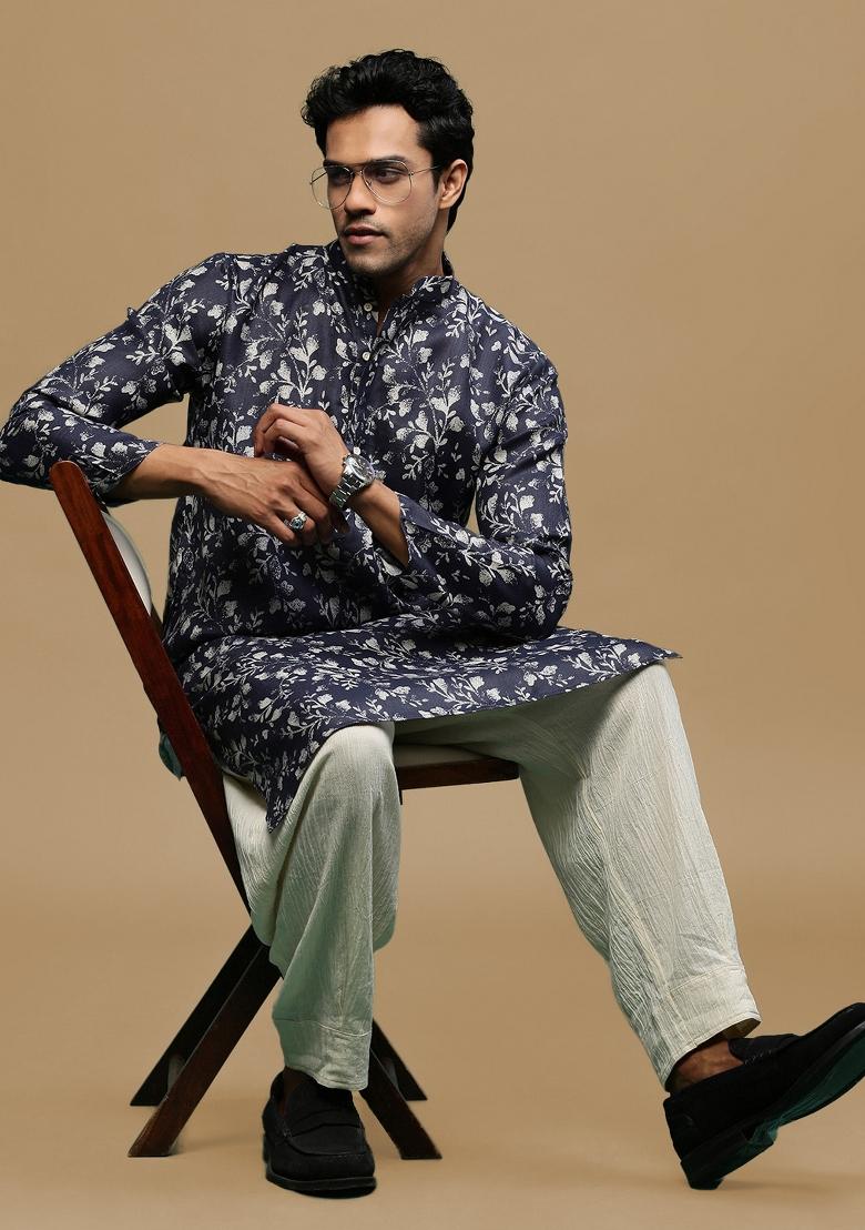 Blue Printed Linen Cotton Kurta For Men