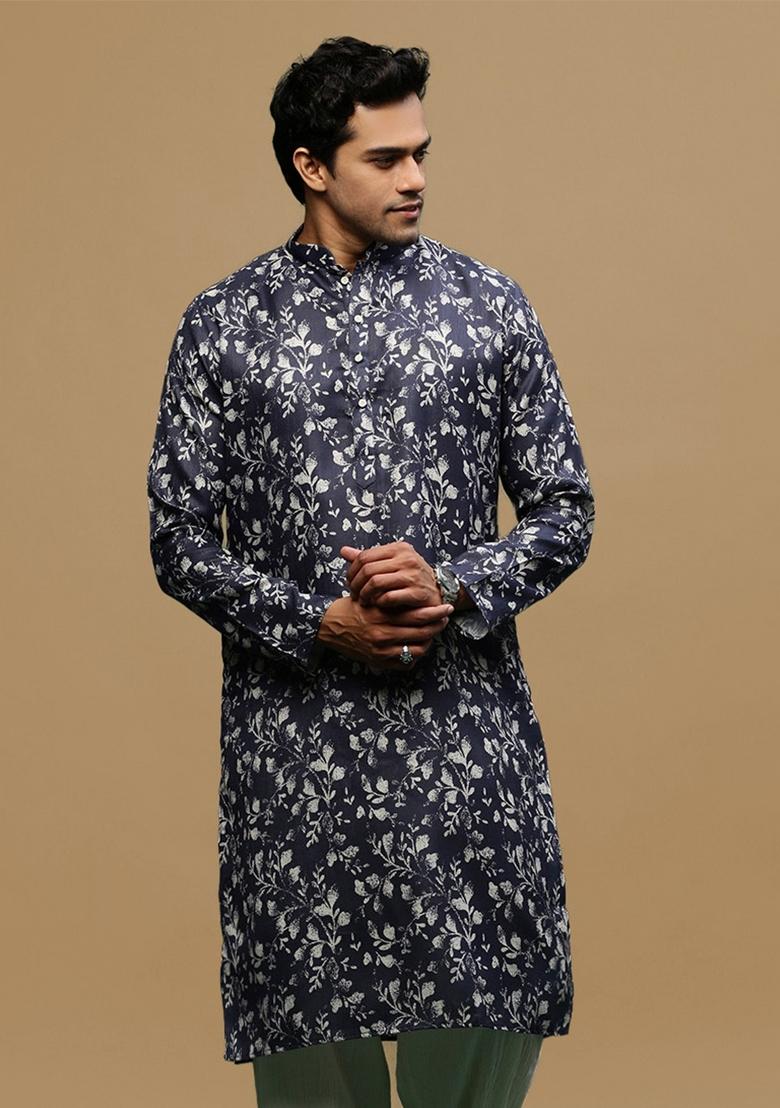 Blue Printed Linen Cotton Kurta For Men