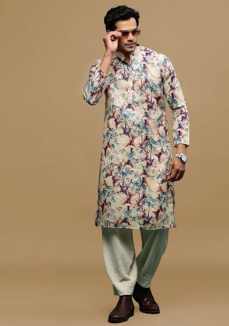 White Printed Linen Cotton Kurta For Men - Indya