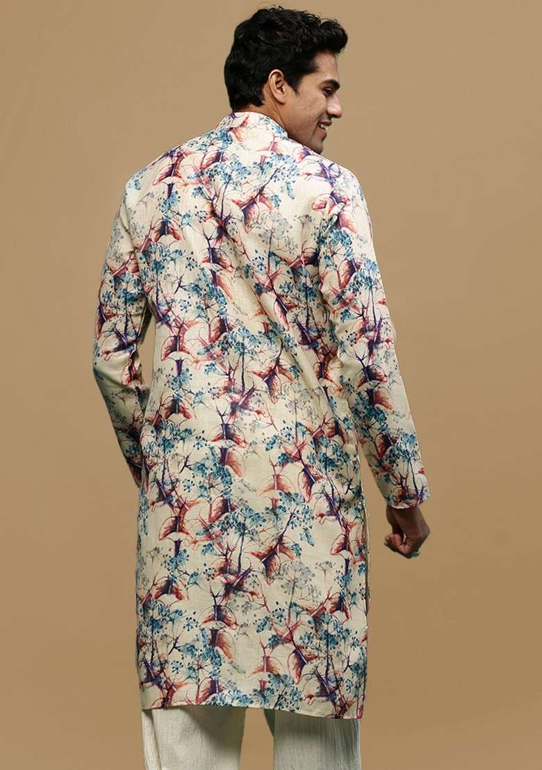 White Printed Linen Cotton Kurta For Men - Indya