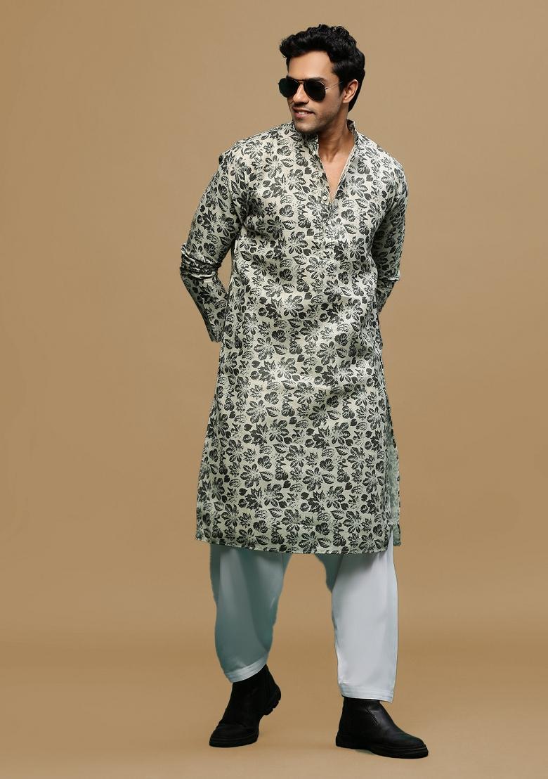 Green Printed Linen Cotton Kurta For Men