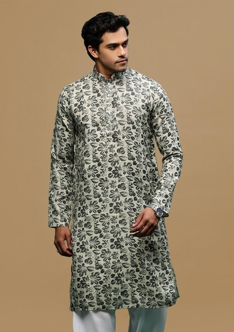Green Printed Linen Cotton Kurta For Men
