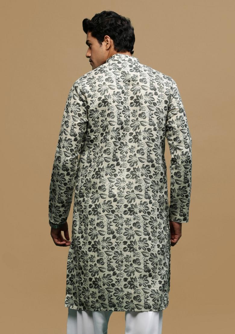 Green Printed Linen Cotton Kurta For Men