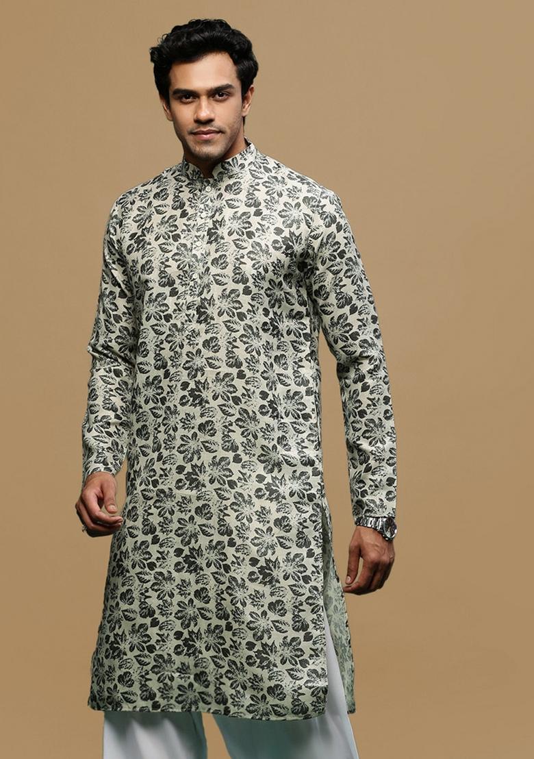 Green Printed Linen Cotton Kurta For Men